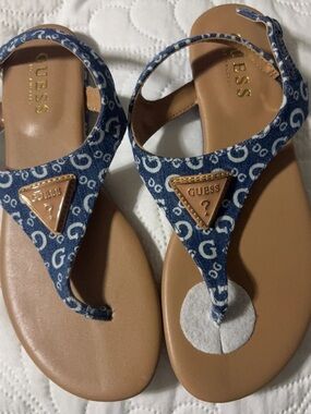 Guess Denim Logo T-Strap Sandals in Blue and Tan with Gold Hardware